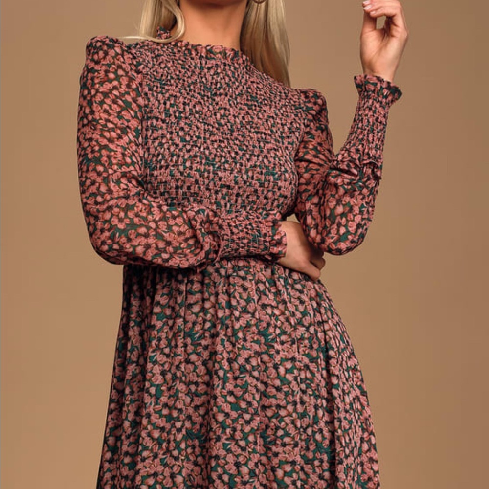 Lulu's Pink and Green A-Line Dress with Bishop Sleeves